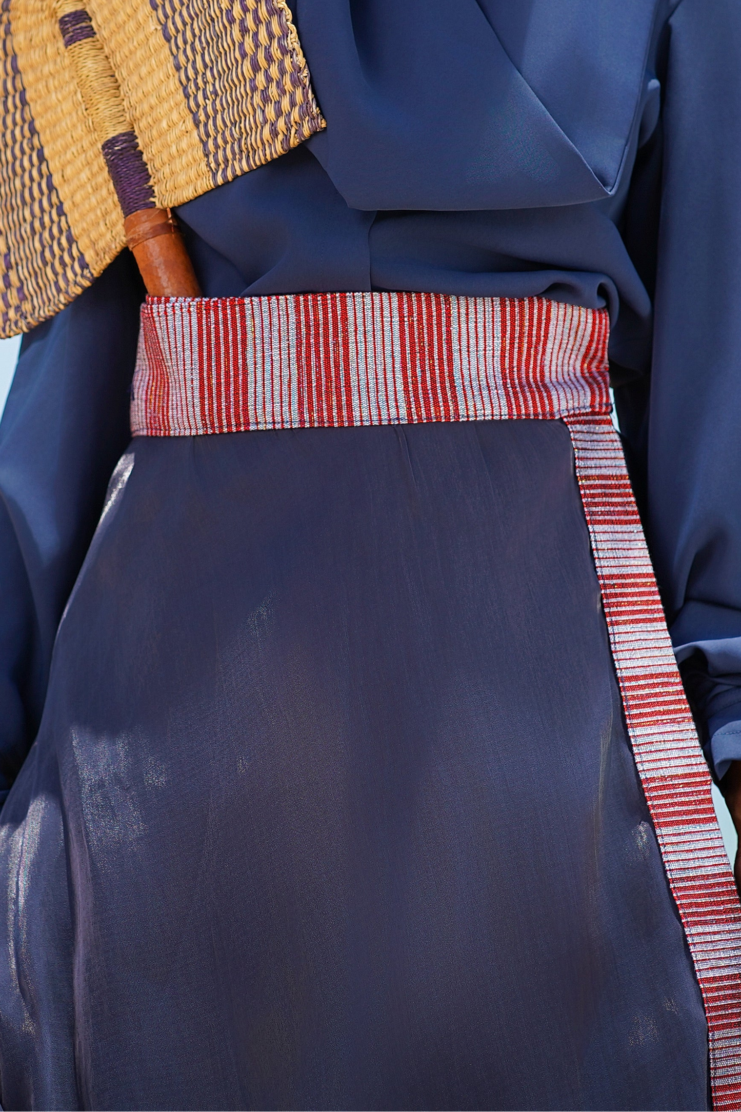 Elegant maxi wrap skirt with handwoven luxury pagne tissé detail and premium organza and italian crepe