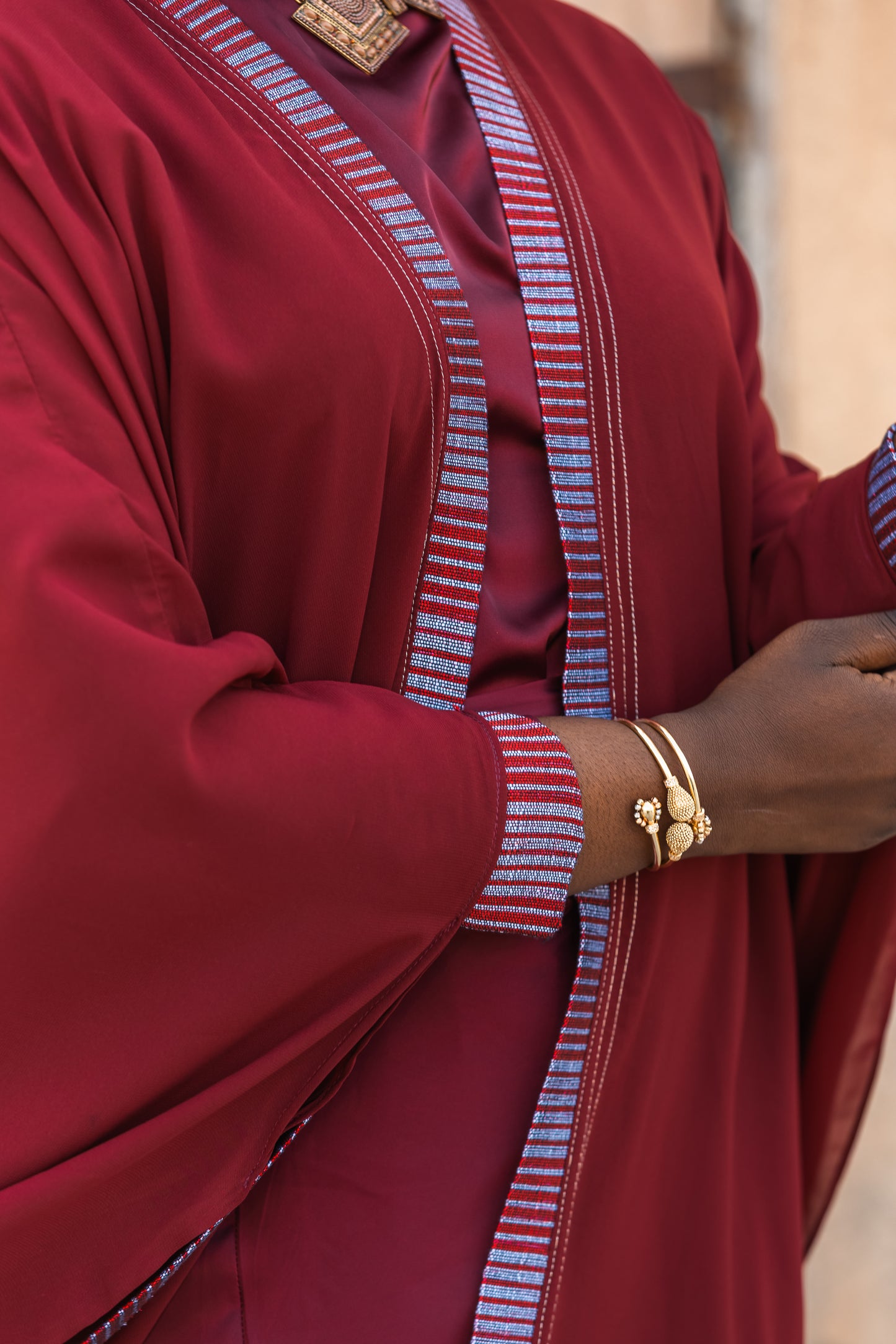 Red Eid Ramadan abaya  with silver artisan fabric and highlights